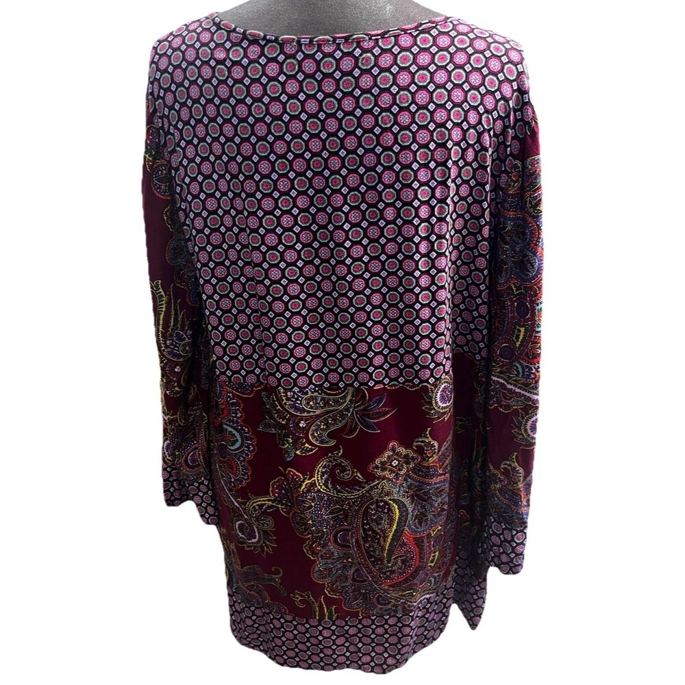 Figueroa & Flower Women’s Maroon Paisley Tunic Long Sleeve V- Neck Tie Neck L - Picture 2 of 6